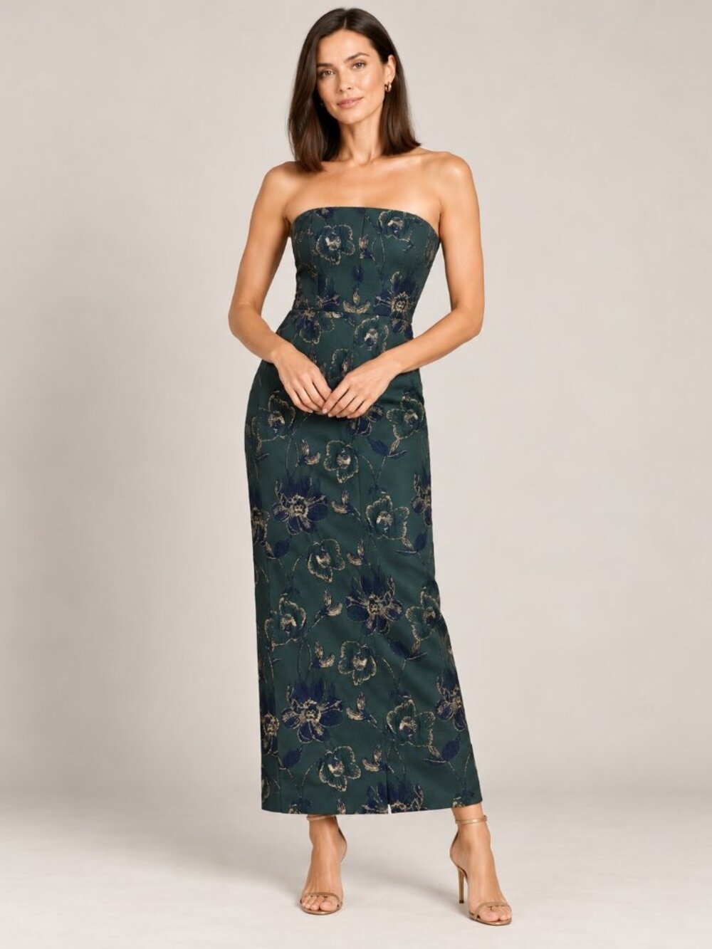 Alfred Sung Dessy Collection: Emerald Green with Gold accents strapless dress